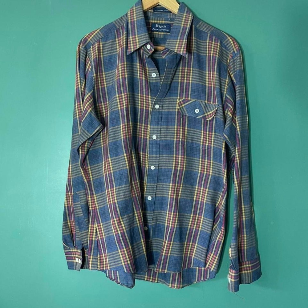 Vintage Arrow Brigade blue‎ plaid, fitted button up shirt